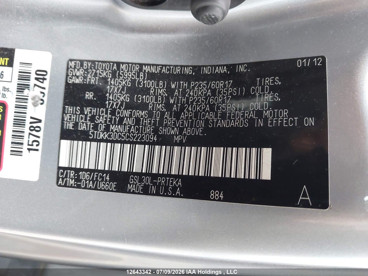 2012 TOYOTA SIENNA thumbnail 10
