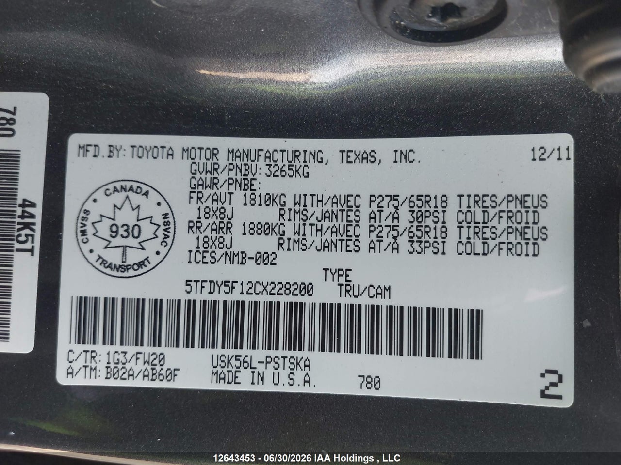 2012 TOYOTA TUNDRA SR5 5.7L V8 thumbnail 10