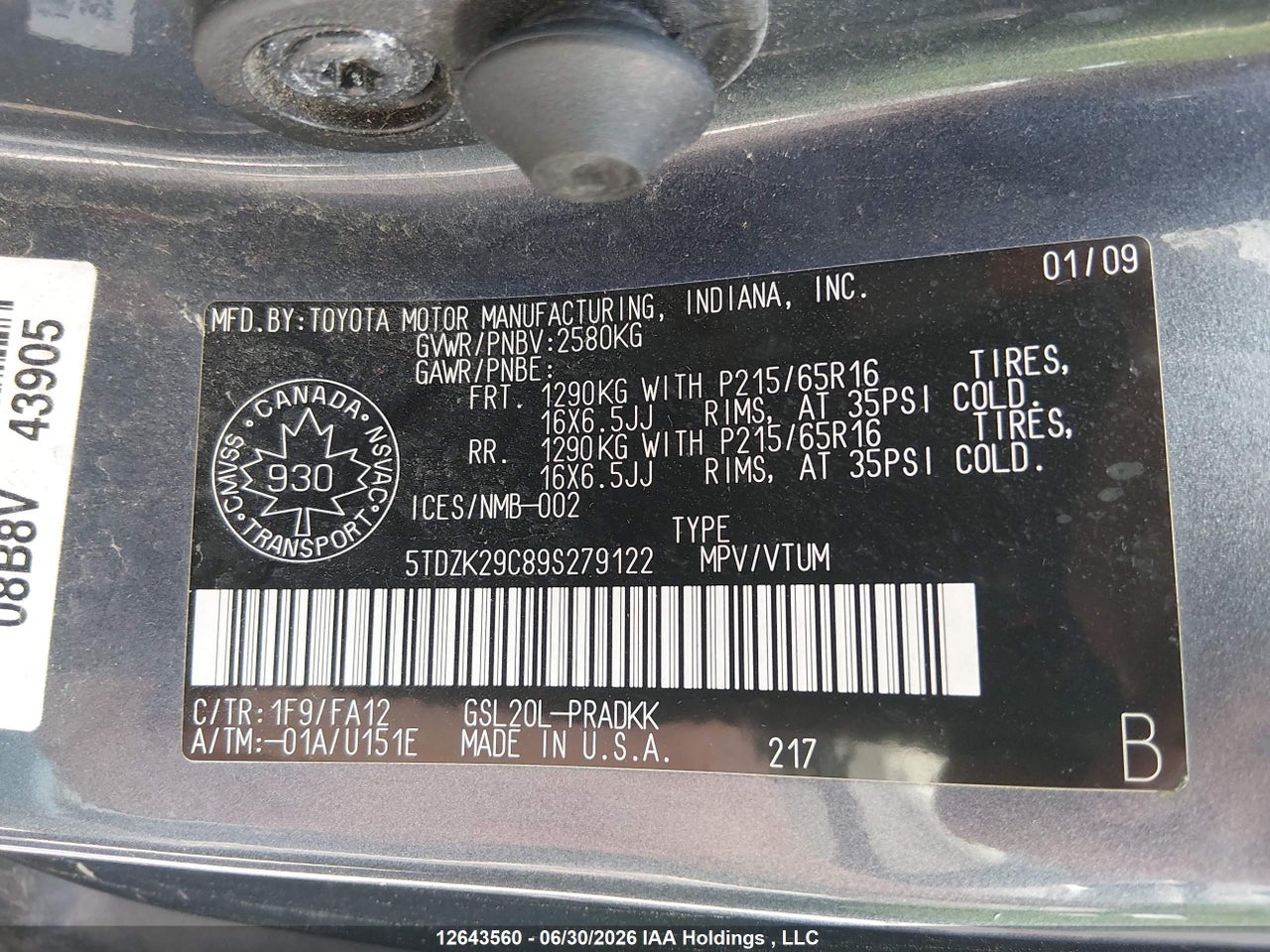 2009 TOYOTA SIENNA CE 8 PASSENGER thumbnail 10