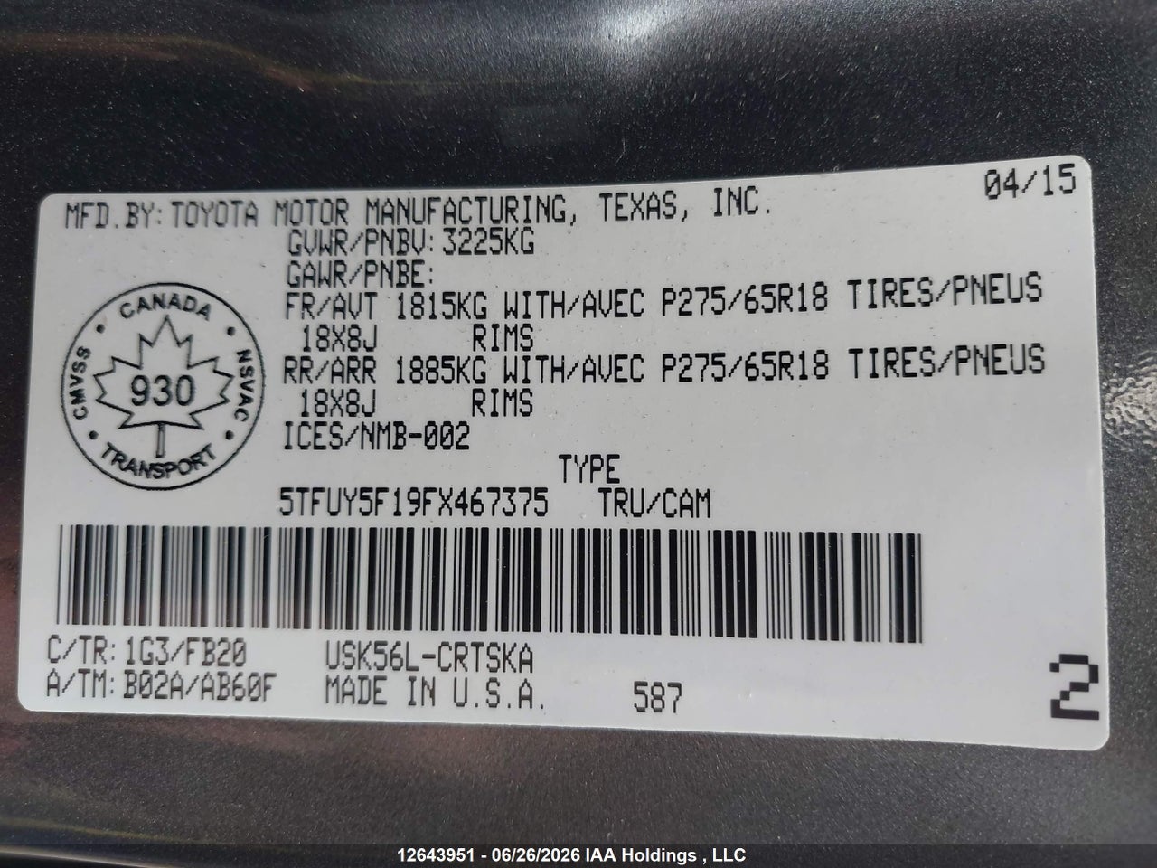 2015 TOYOTA TUNDRA SR 5.7L V8 thumbnail 10