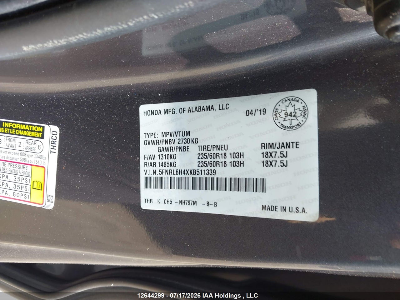 2019 HONDA ODYSSEY EX thumbnail 10