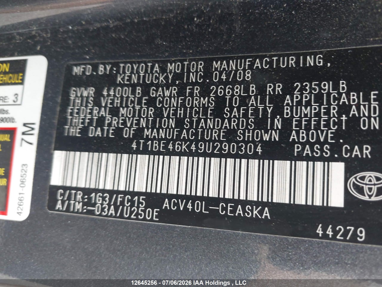 2009 TOYOTA CAMRY SE thumbnail 10