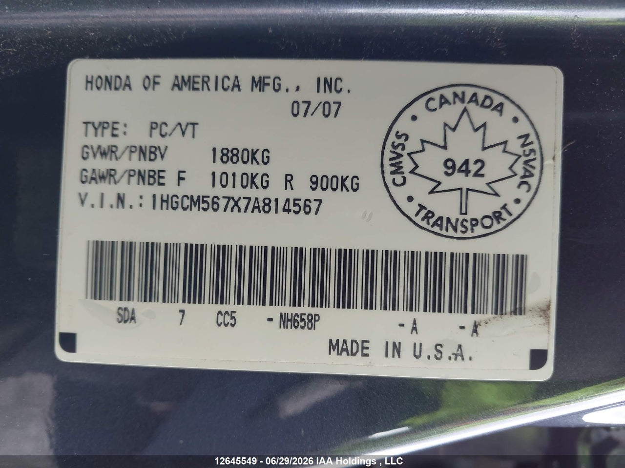 2007 HONDA ACCORD EX thumbnail 10