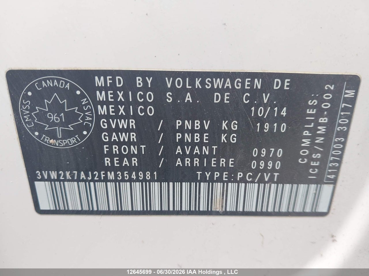 2015 VOLKSWAGEN JETTA S thumbnail 10