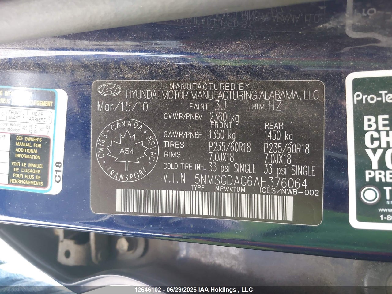 2010 HYUNDAI SANTA FE GLS thumbnail 10