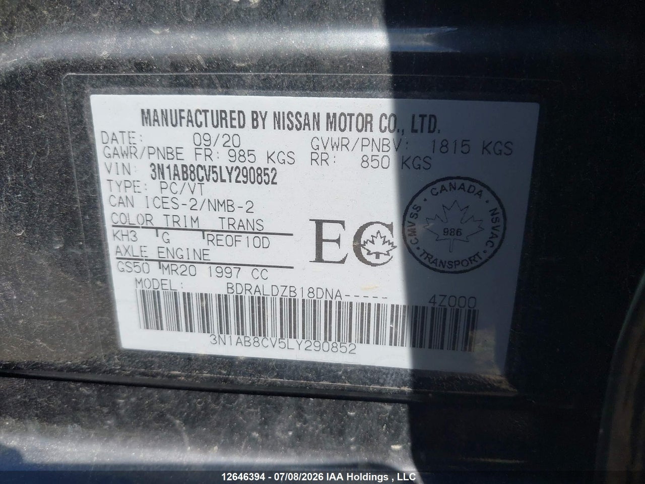 2020 NISSAN SENTRA SV thumbnail 10