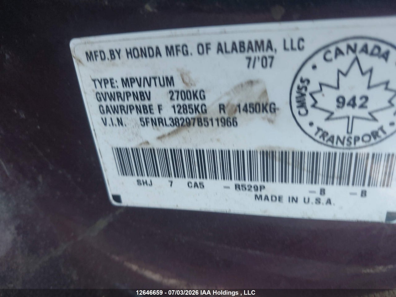 2007 HONDA ODYSSEY LX thumbnail 10