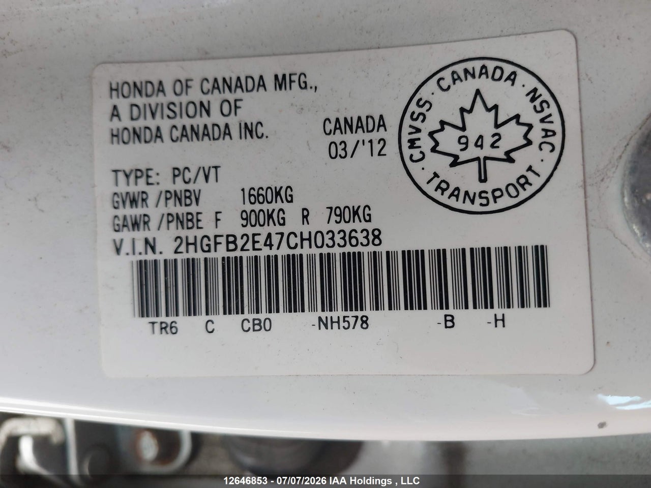 2012 HONDA CIVIC LX thumbnail 10