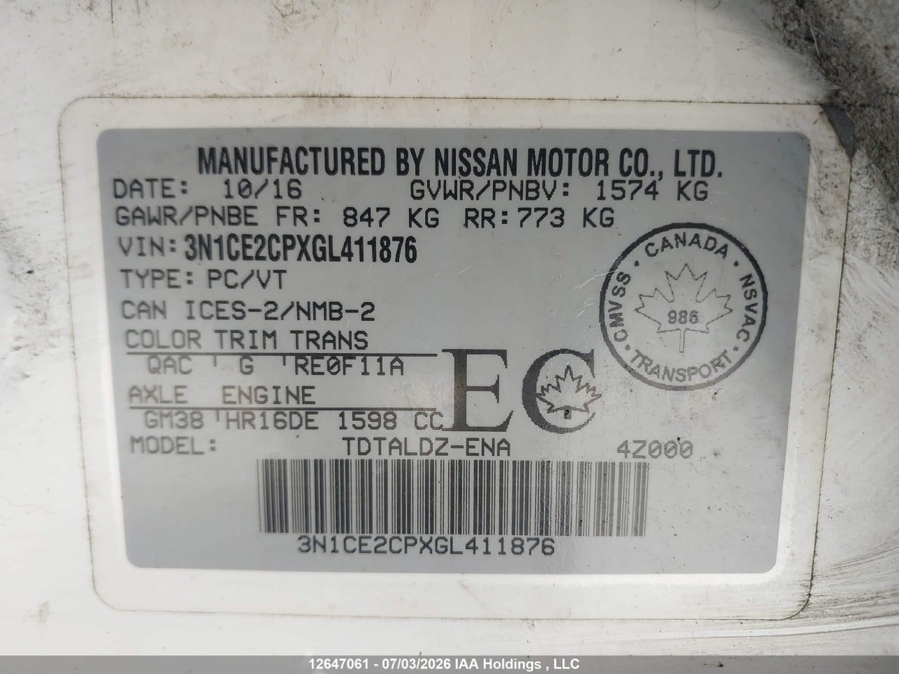 2016 NISSAN VERSA NOTE 1.6 S/1.6 SL/1.6 SR/1.6 SV thumbnail 10