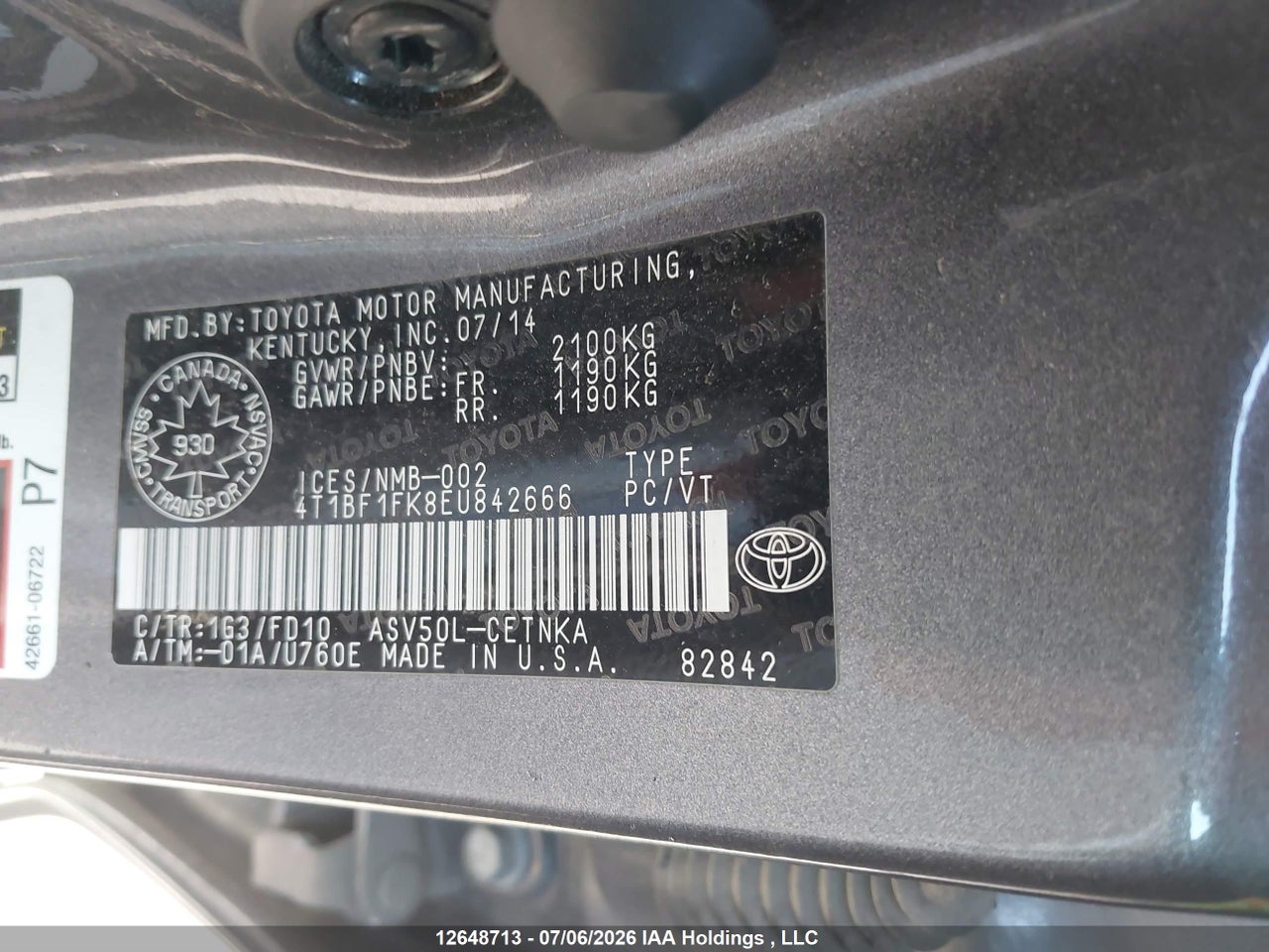 2014 TOYOTA CAMRY LE thumbnail 10