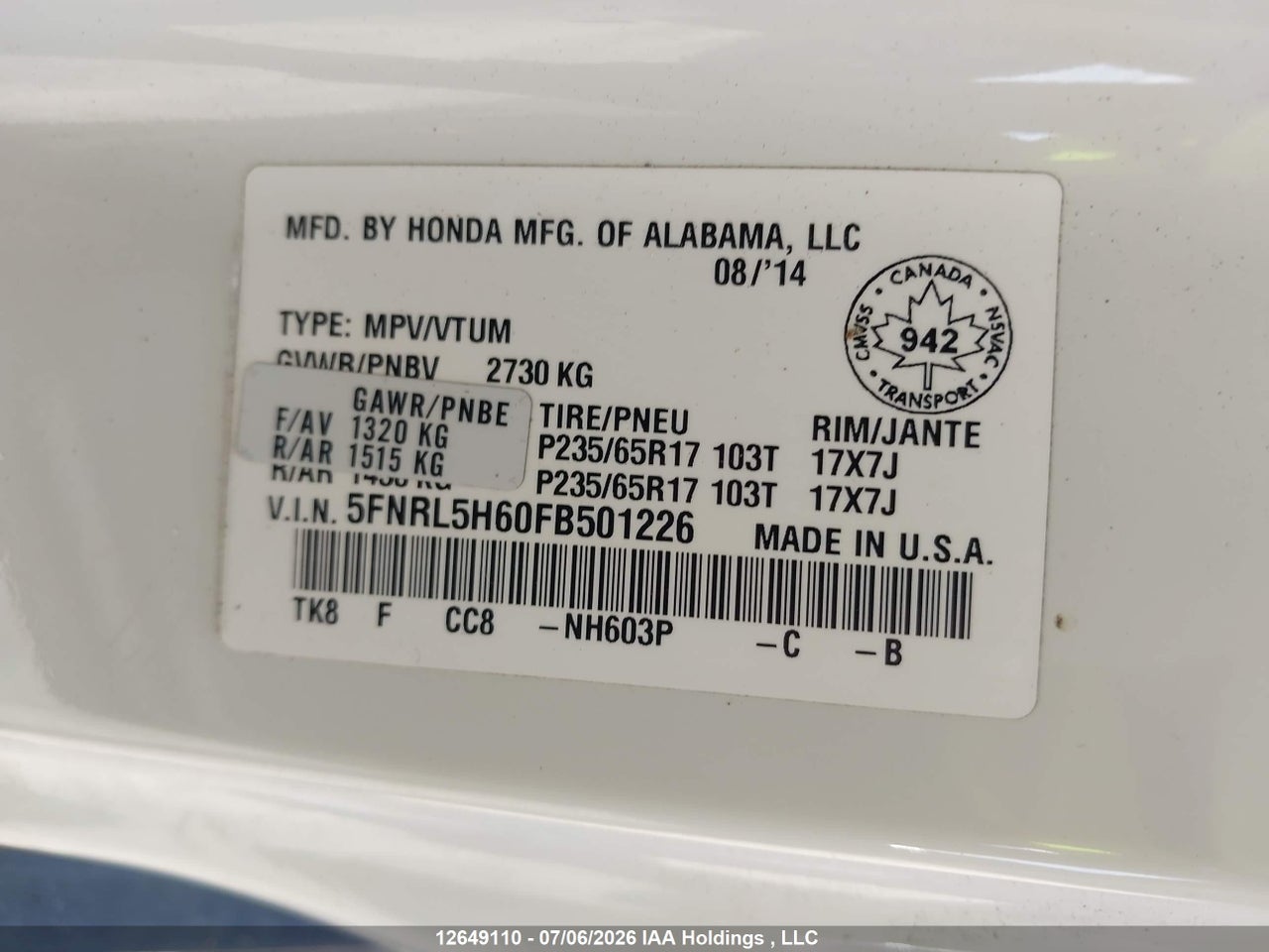 2015 HONDA ODYSSEY thumbnail 10