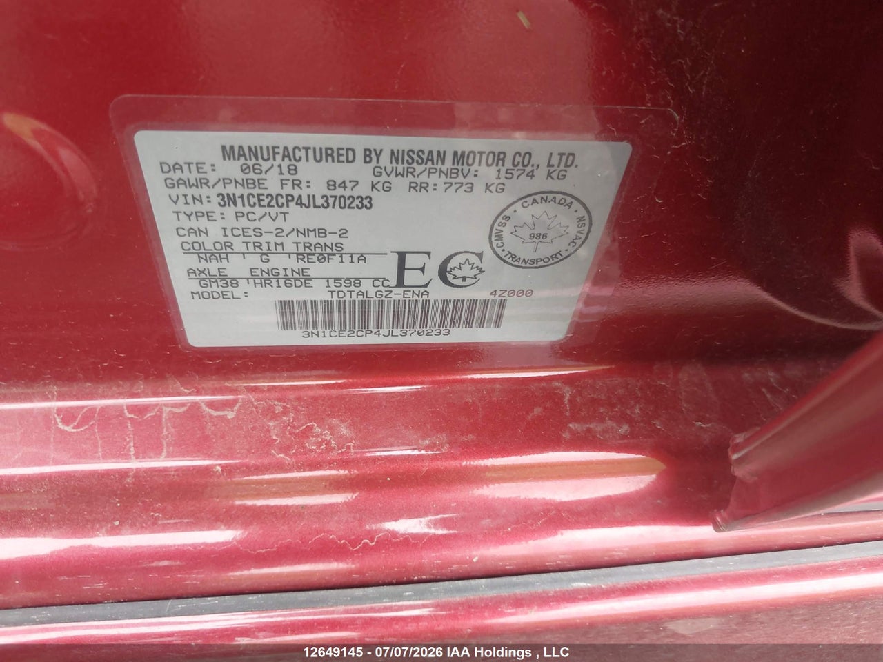 2018 NISSAN VERSA NOTE S/SR/SV thumbnail 10