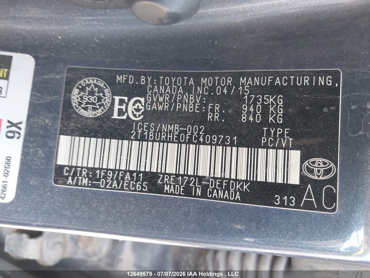 2015 TOYOTA COROLLA CE thumbnail 10