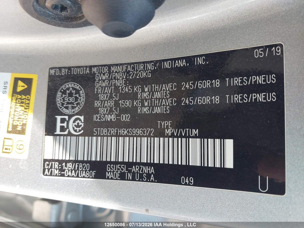 2019 TOYOTA HIGHLANDER LE thumbnail 10