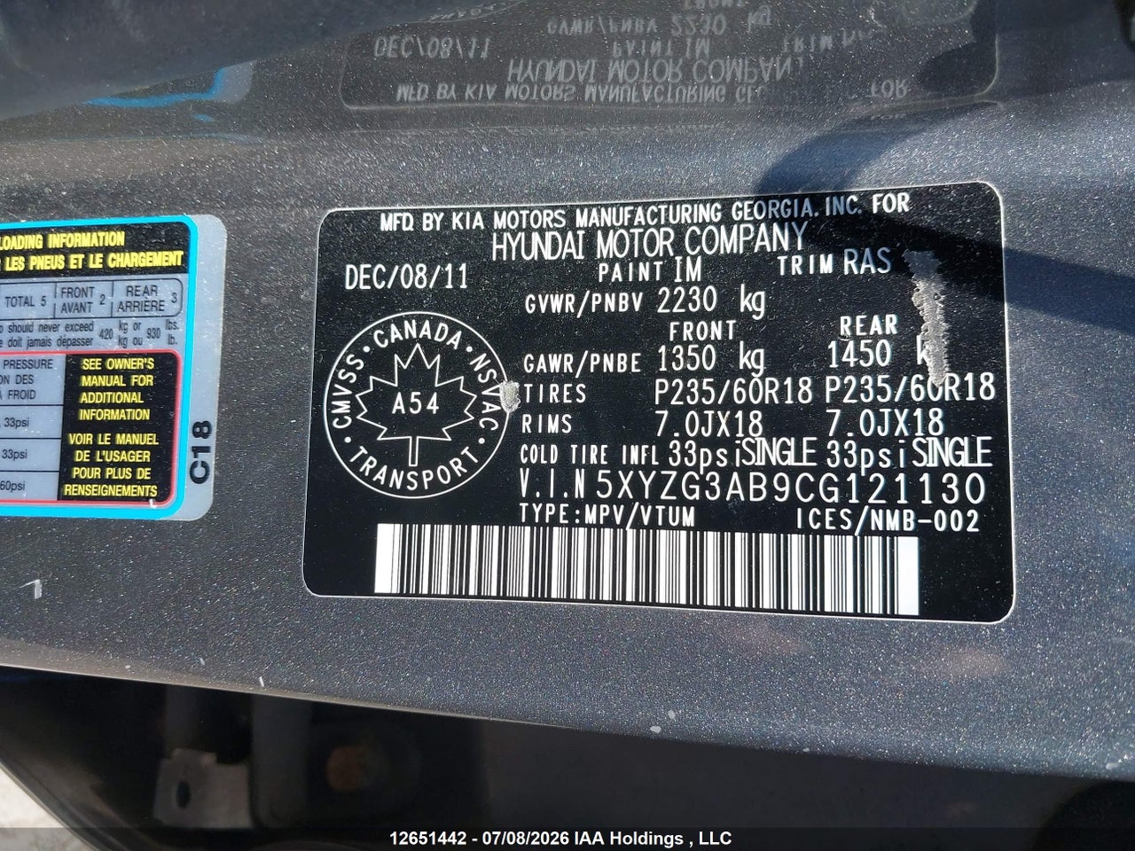 2012 HYUNDAI SANTA FE GL 2.4 PREMIUM thumbnail 10