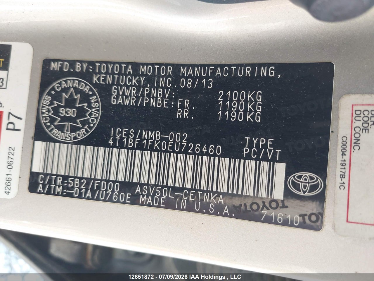 2014 TOYOTA CAMRY LE thumbnail 10