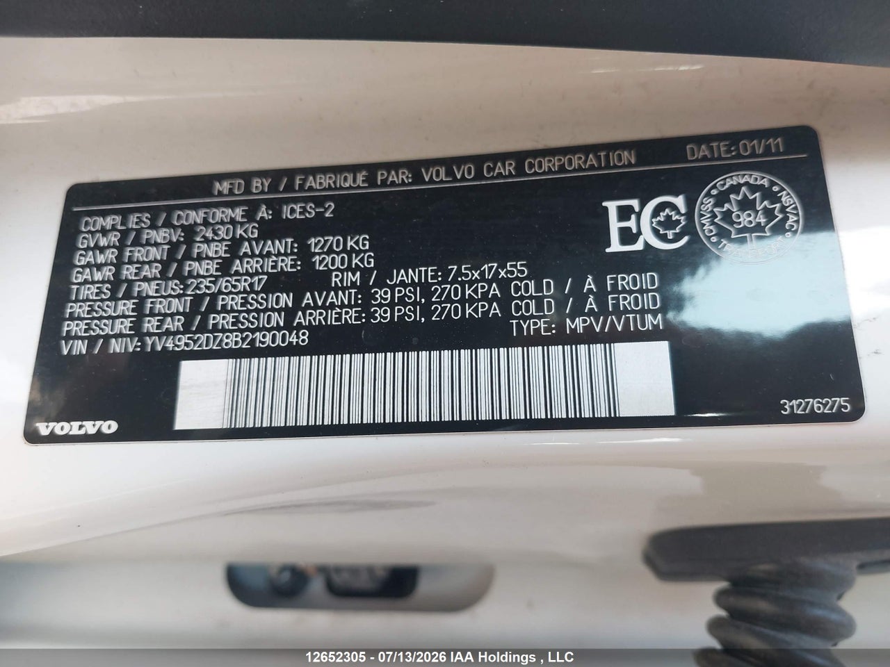 2011 VOLVO XC60 thumbnail 10