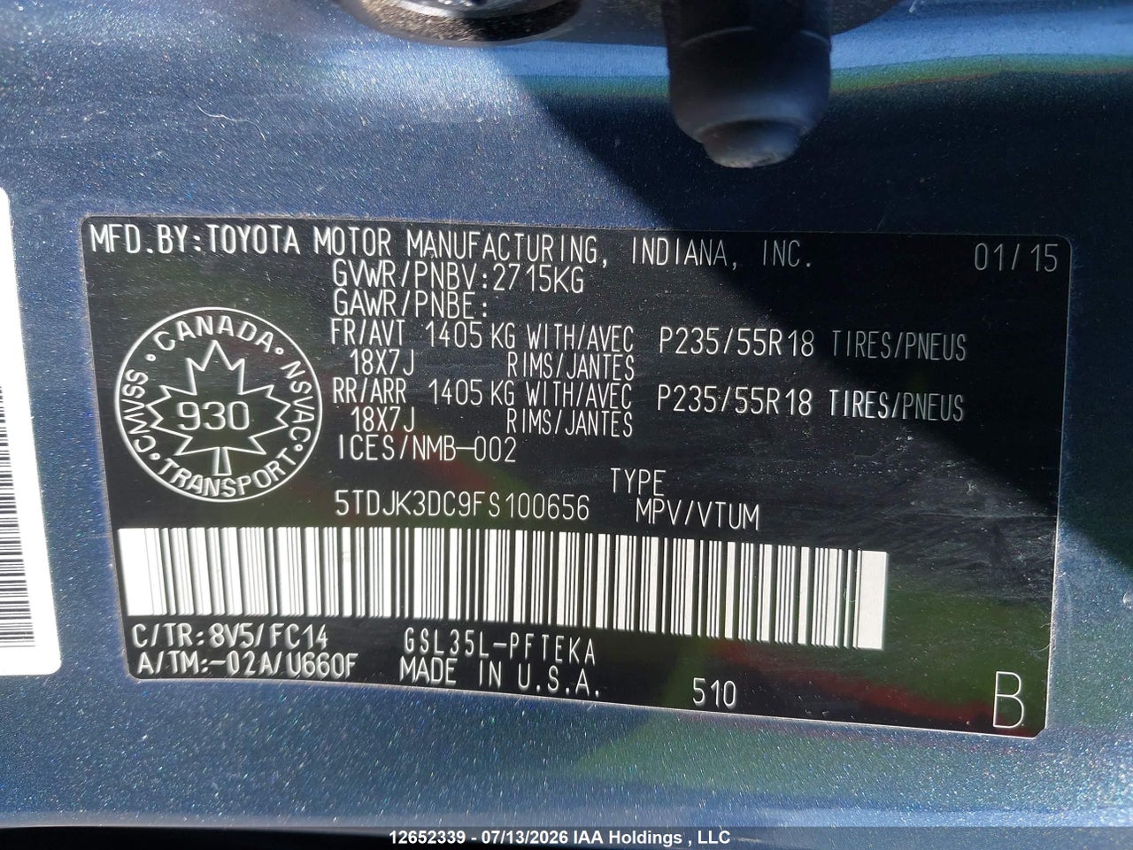 2015 TOYOTA SIENNA LE 7 PASSENGER thumbnail 10