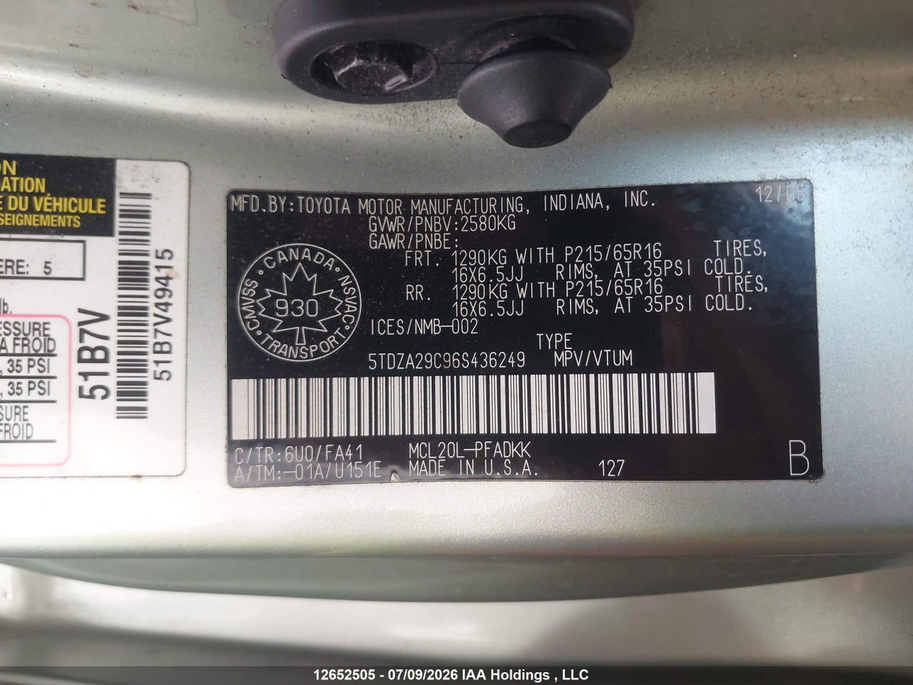 2006 TOYOTA SIENNA CE thumbnail 10