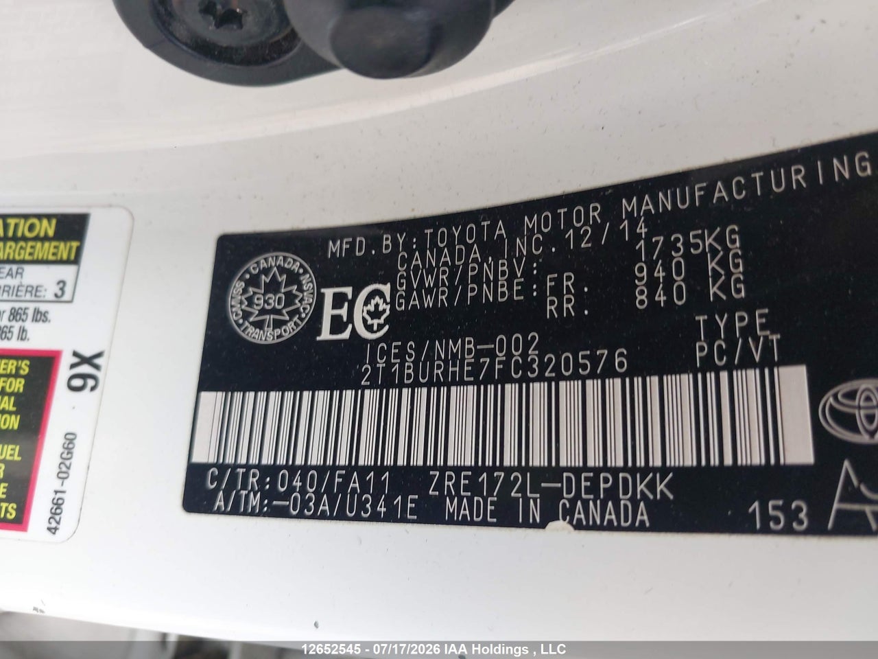 2015 TOYOTA COROLLA CE thumbnail 10