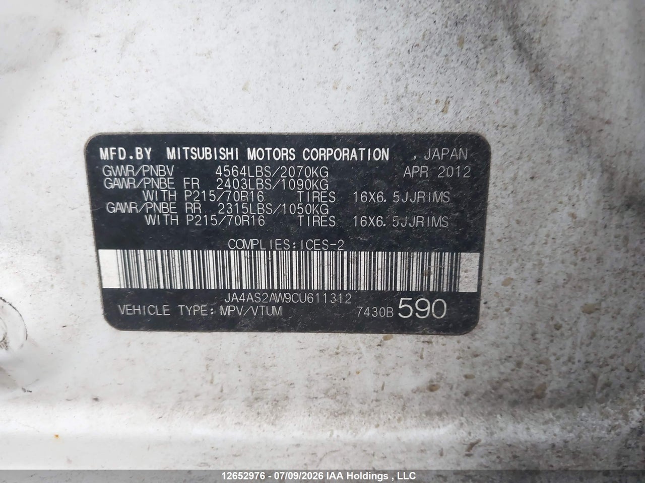 2012 MITSUBISHI OUTLANDER ES thumbnail 10