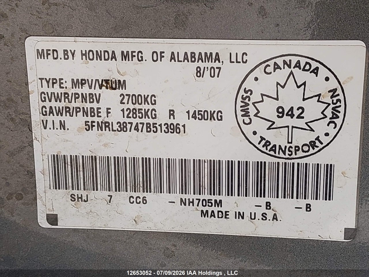2007 HONDA ODYSSEY EXL thumbnail 10