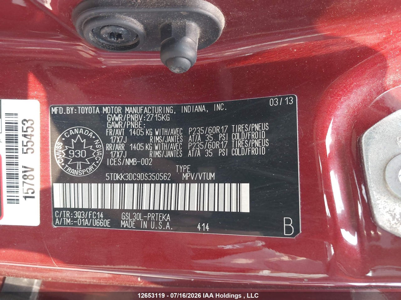 2013 TOYOTA SIENNA LE thumbnail 10