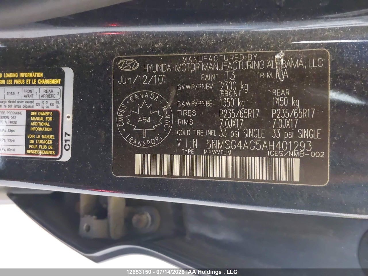 2010 HYUNDAI SANTA FE GLS thumbnail 10
