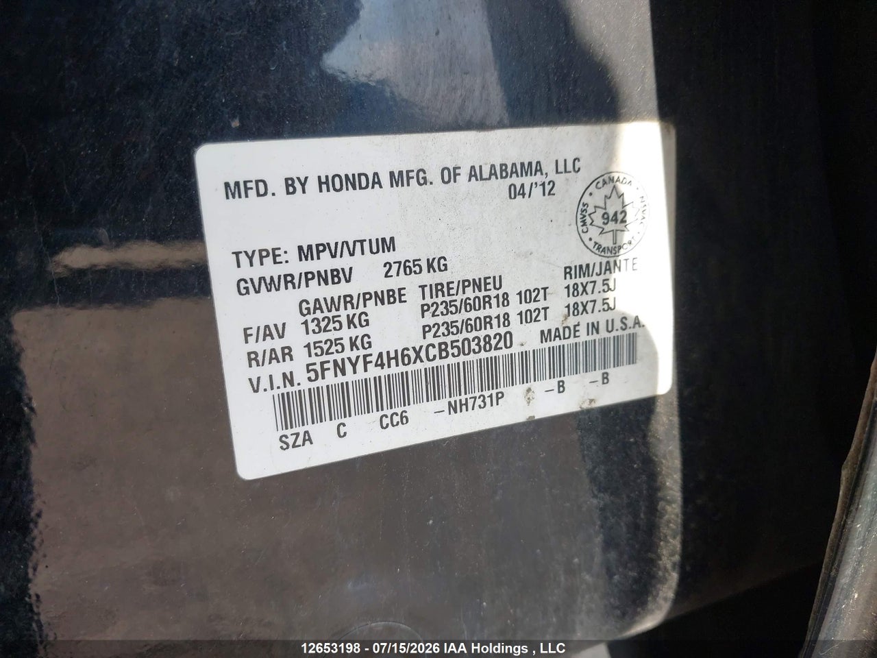 2012 HONDA PILOT EX-L thumbnail 10