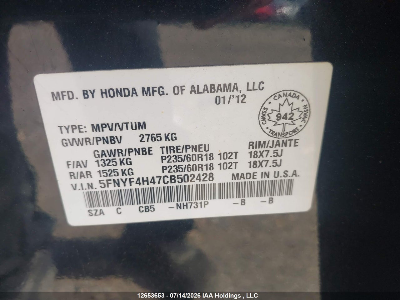 2012 HONDA PILOT EX thumbnail 10