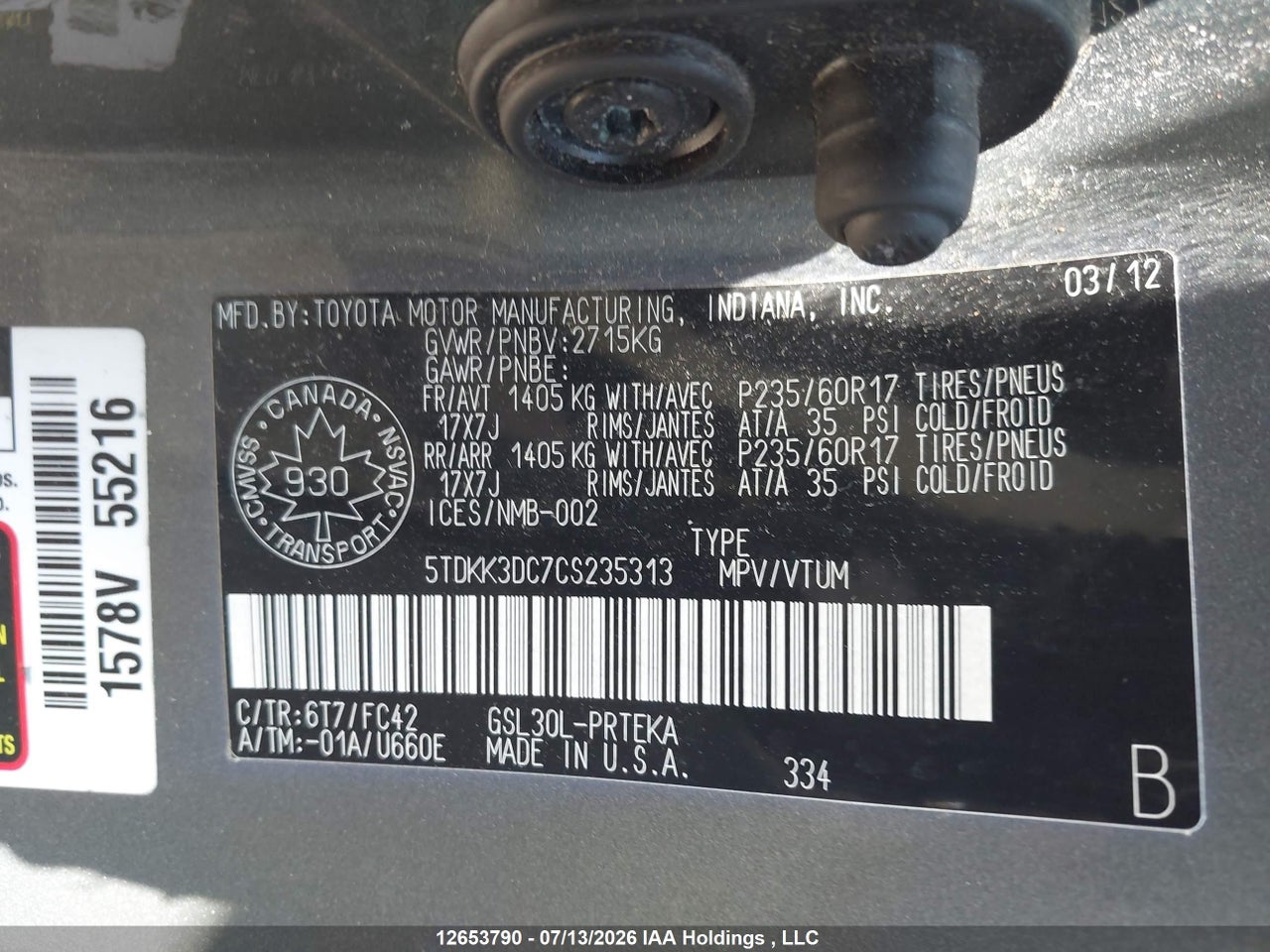 2012 TOYOTA SIENNA LE thumbnail 10