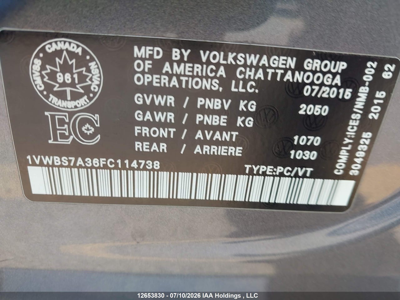 2015 VOLKSWAGEN PASSAT 1.8 TSI COMFORTLINE thumbnail 10
