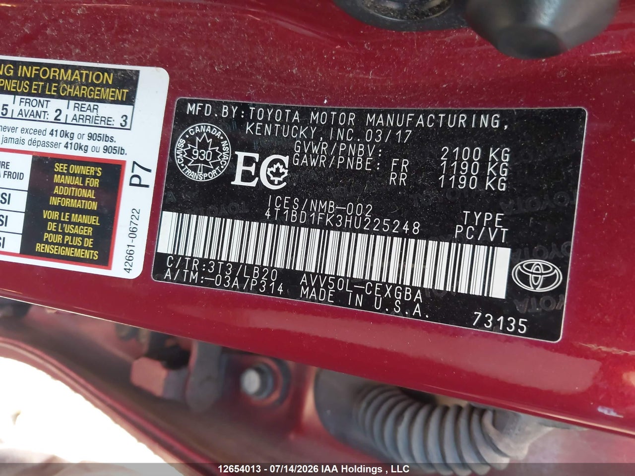 2017 TOYOTA CAMRY HYBRID/LE/XLE/SE thumbnail 10