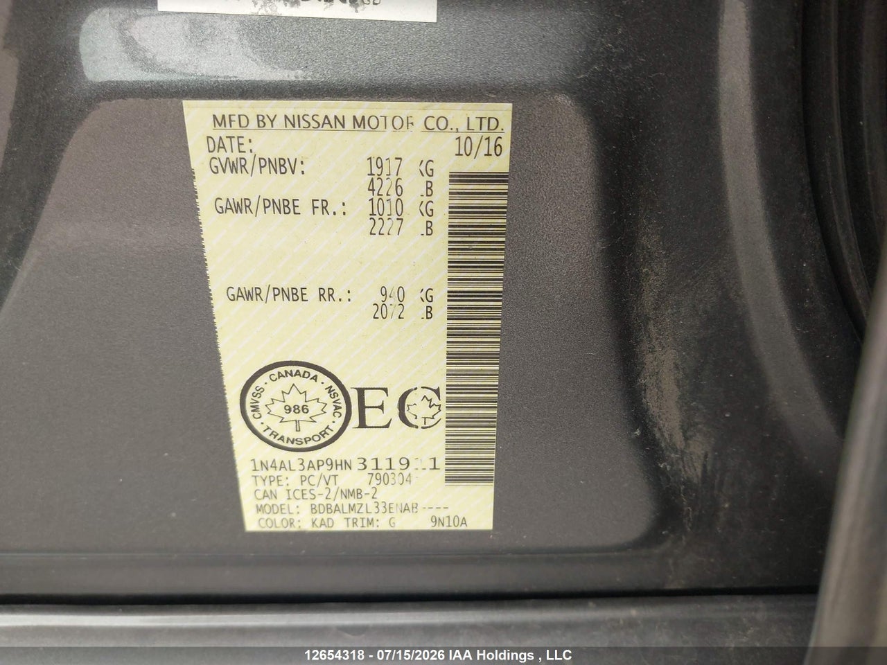 2017 NISSAN ALTIMA 2.5/2.5 S/2.5 SL/2.5 SR/2.5 SV thumbnail 10