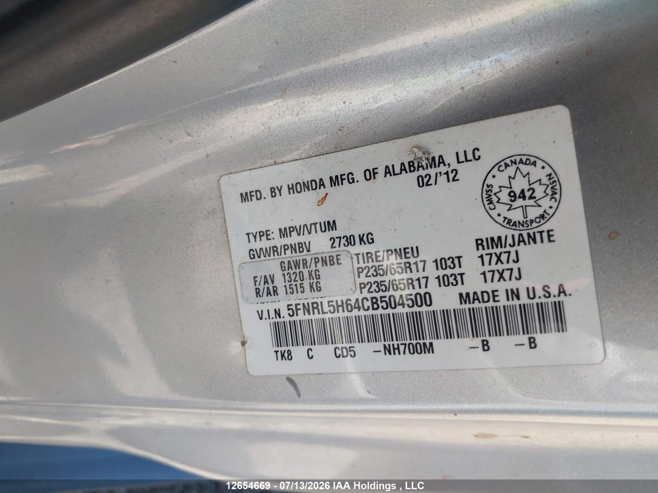 2012 HONDA ODYSSEY EXL thumbnail 10