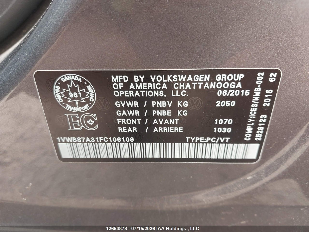 2015 VOLKSWAGEN PASSAT 1.8 TSI COMFORTLINE thumbnail 10