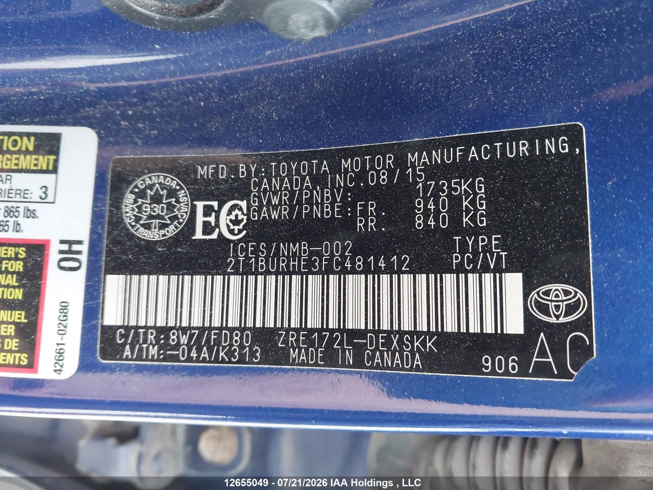 2015 TOYOTA COROLLA L/LE/LE PLS/PRM/S/S PLS thumbnail 10