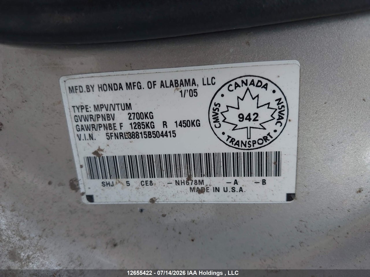 2005 HONDA ODYSSEY TOURING thumbnail 10