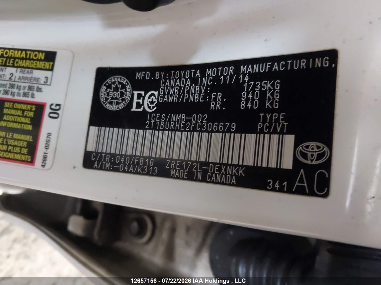 2015 TOYOTA COROLLA L/LE/LE PLS/PRM/S/S PLS thumbnail 10