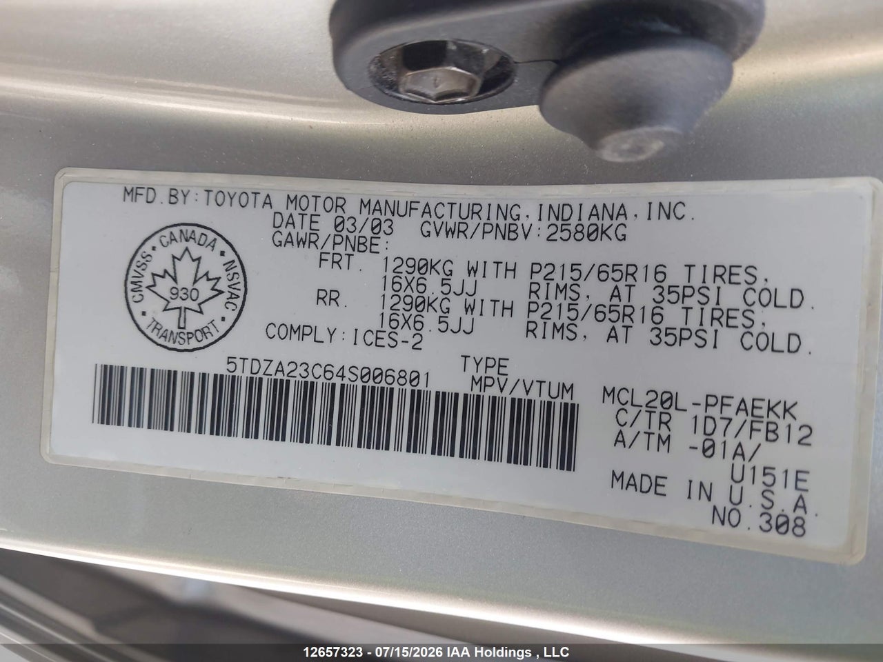 2004 TOYOTA SIENNA CE/LE thumbnail 10