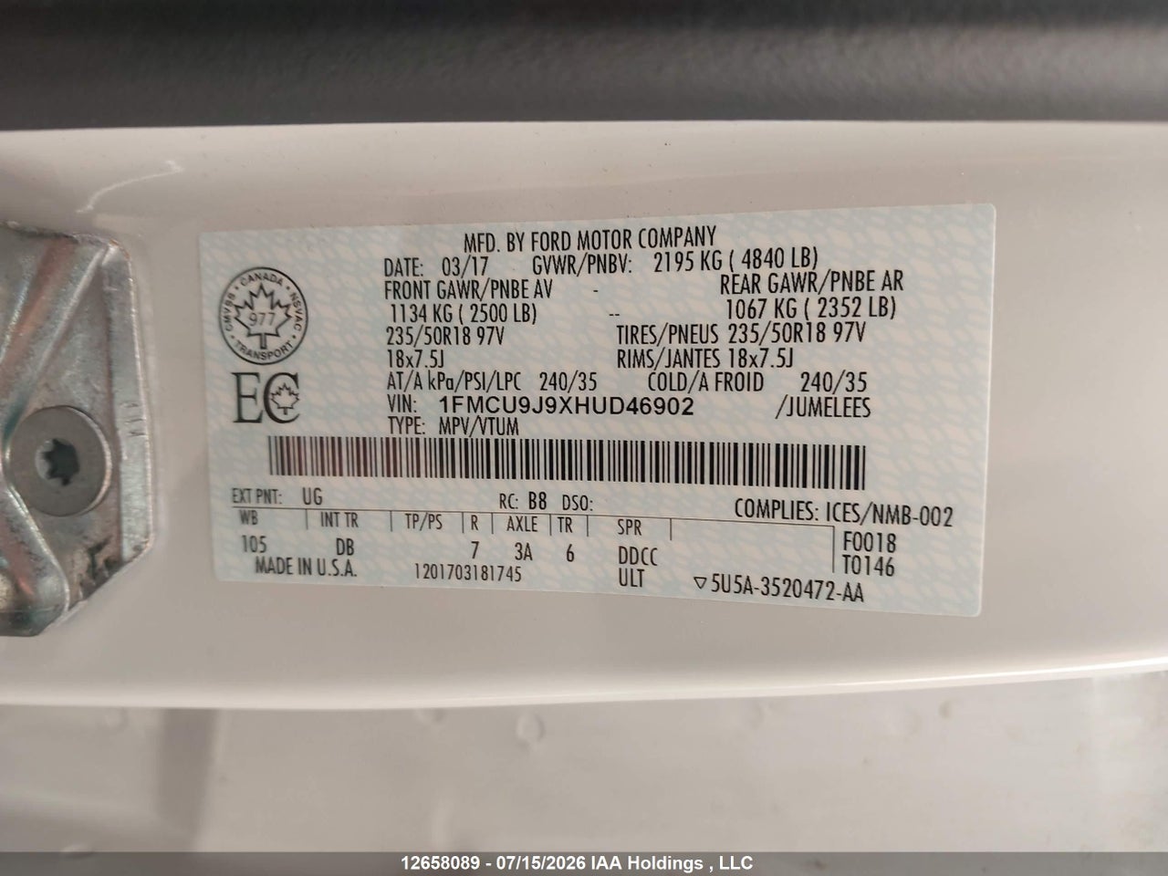 2017 FORD ESCAPE TITANIUM thumbnail 10