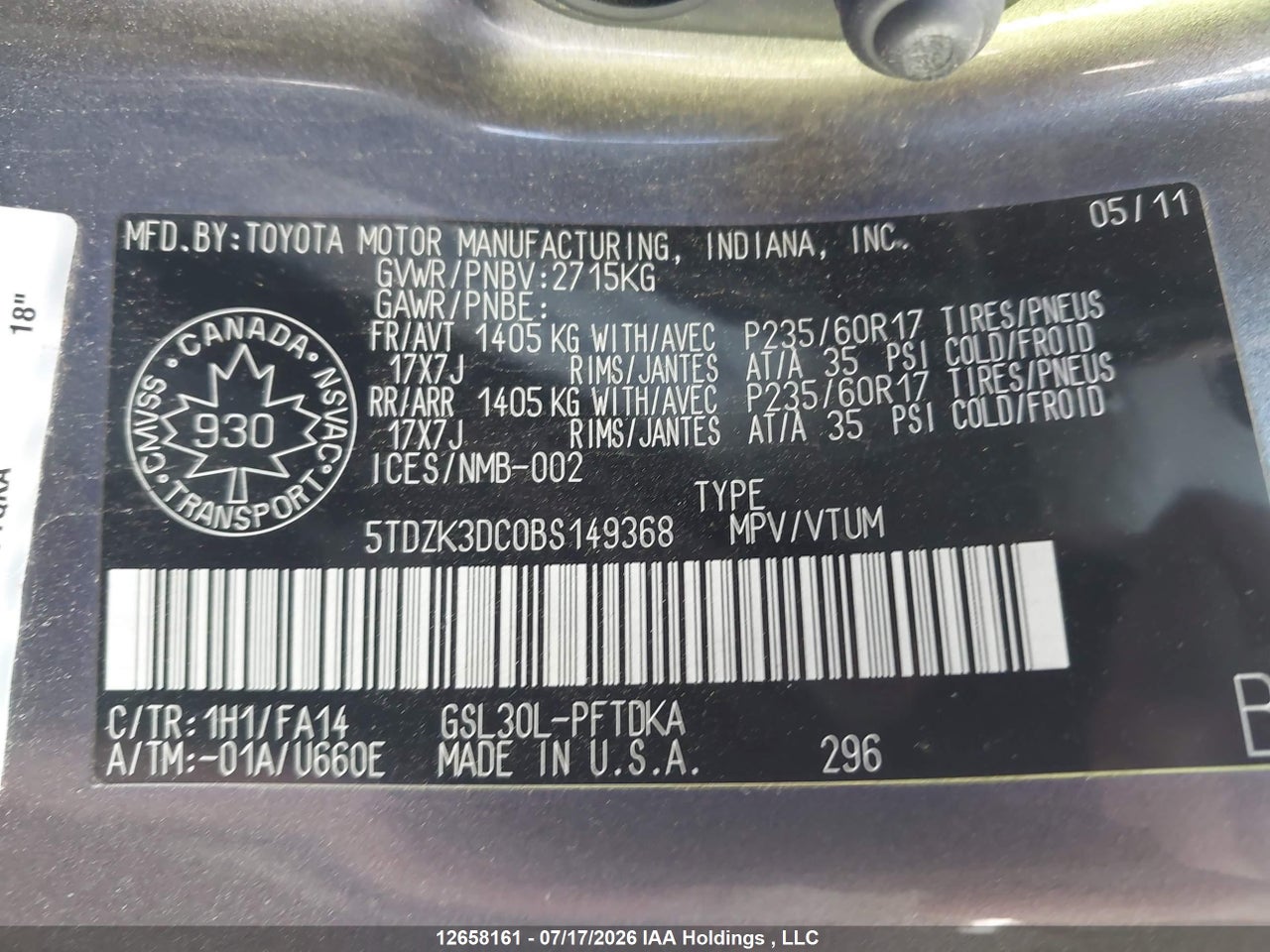 2011 TOYOTA SIENNA thumbnail 10