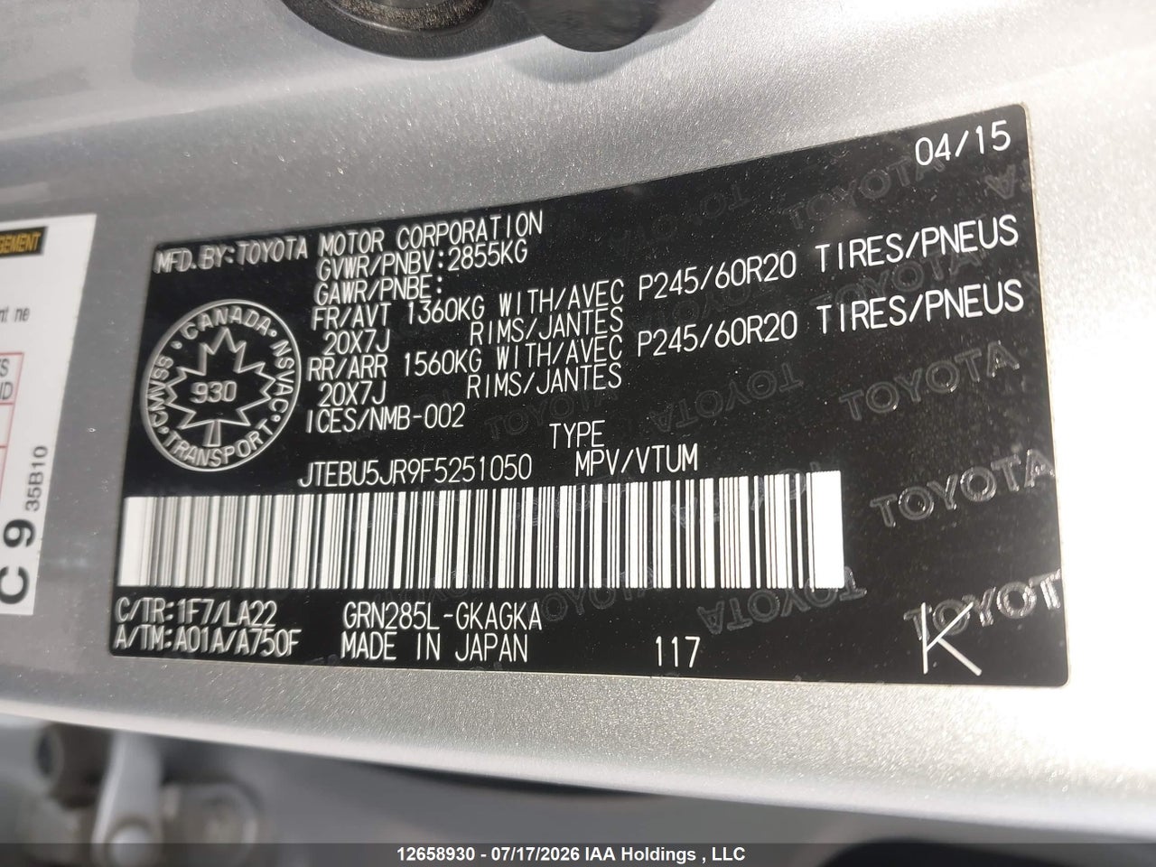 2015 TOYOTA 4RUNNER SR5 V6 thumbnail 10