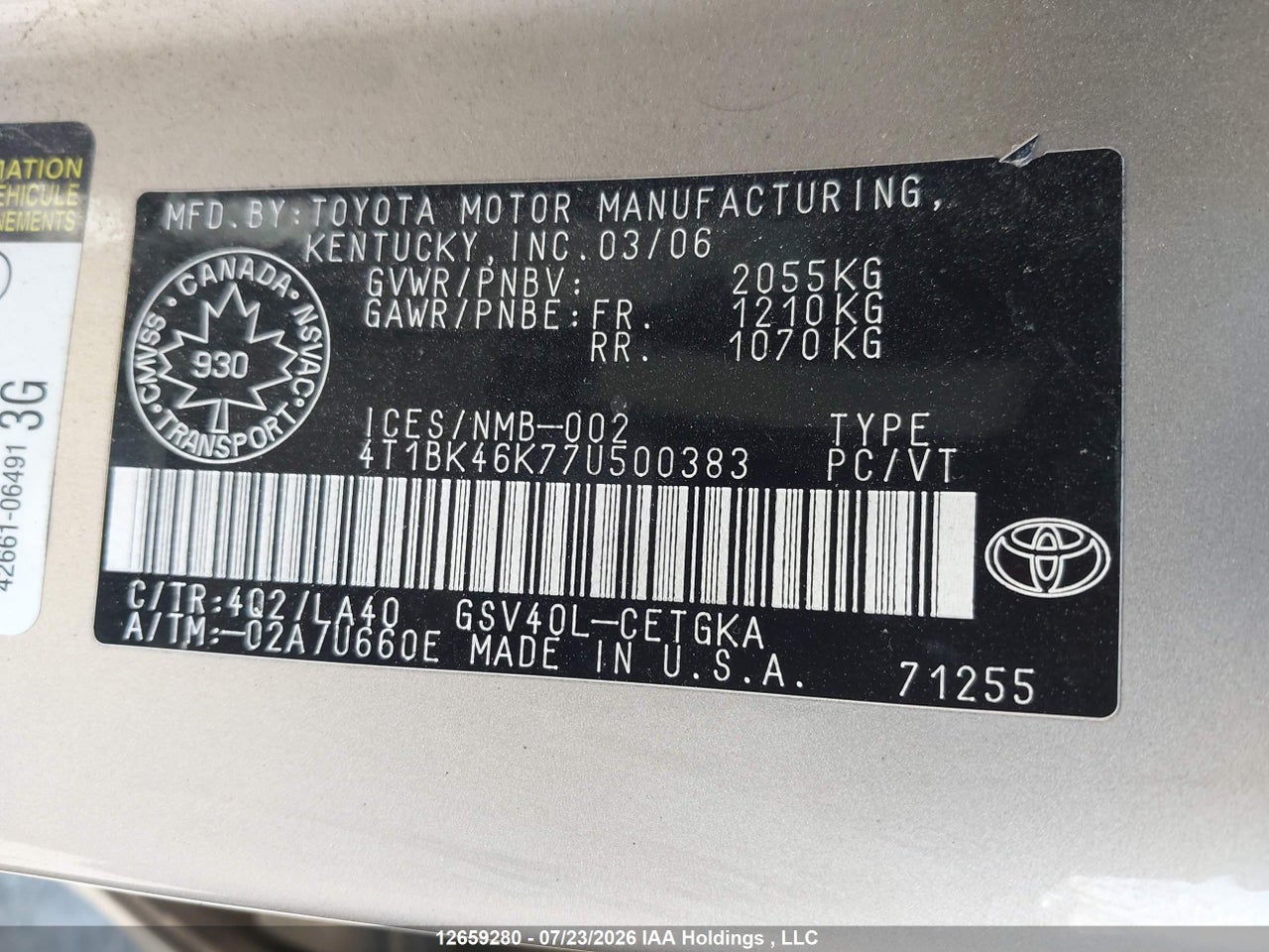 2007 TOYOTA CAMRY LE V6/SE V6/XLE V6 thumbnail 10