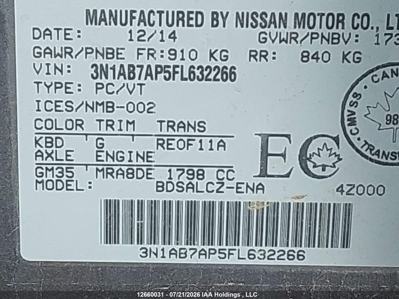 2015 NISSAN SENTRA S/SV/SR/SL thumbnail 10