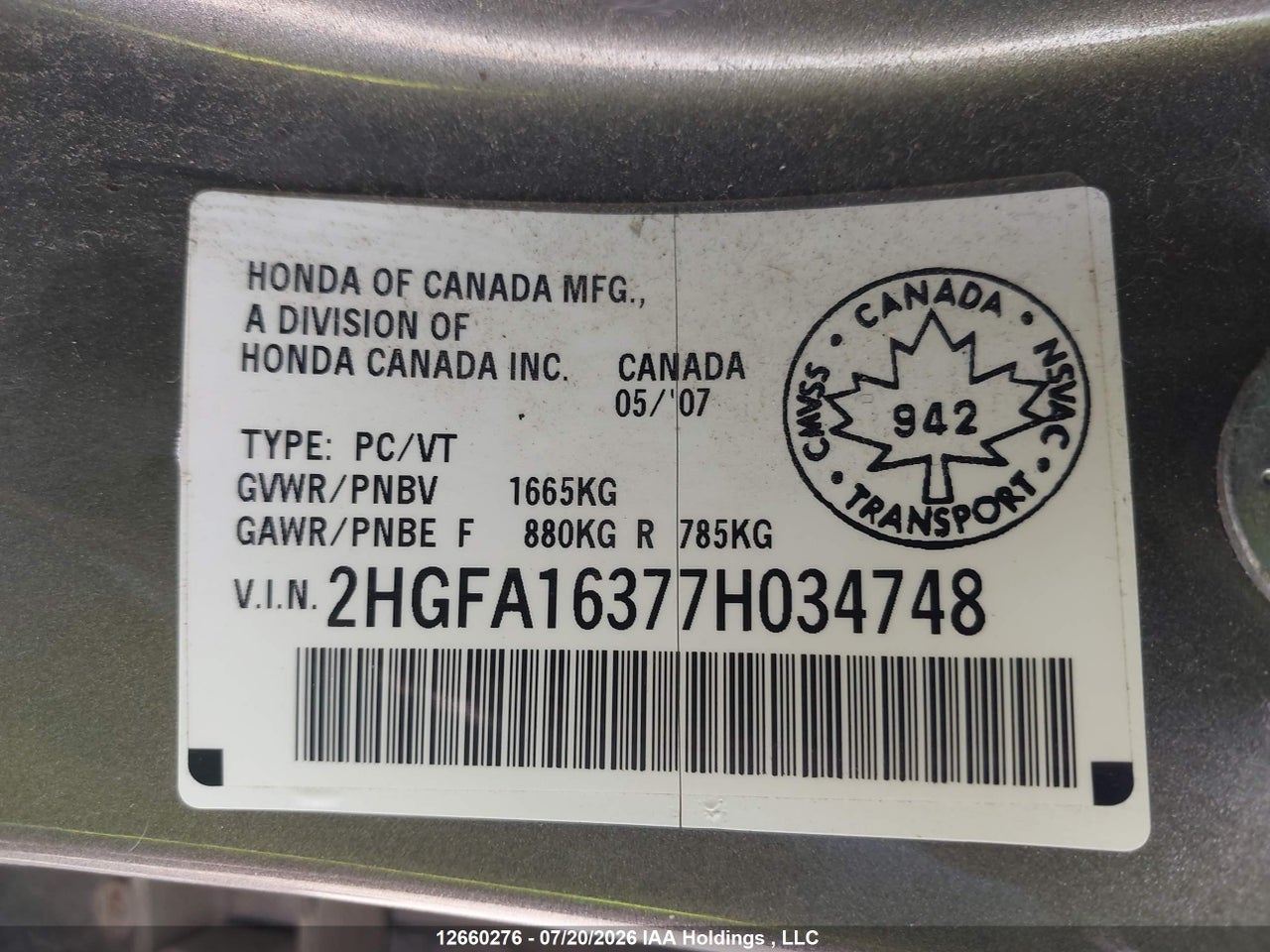 2007 HONDA CIVIC DX-G thumbnail 10