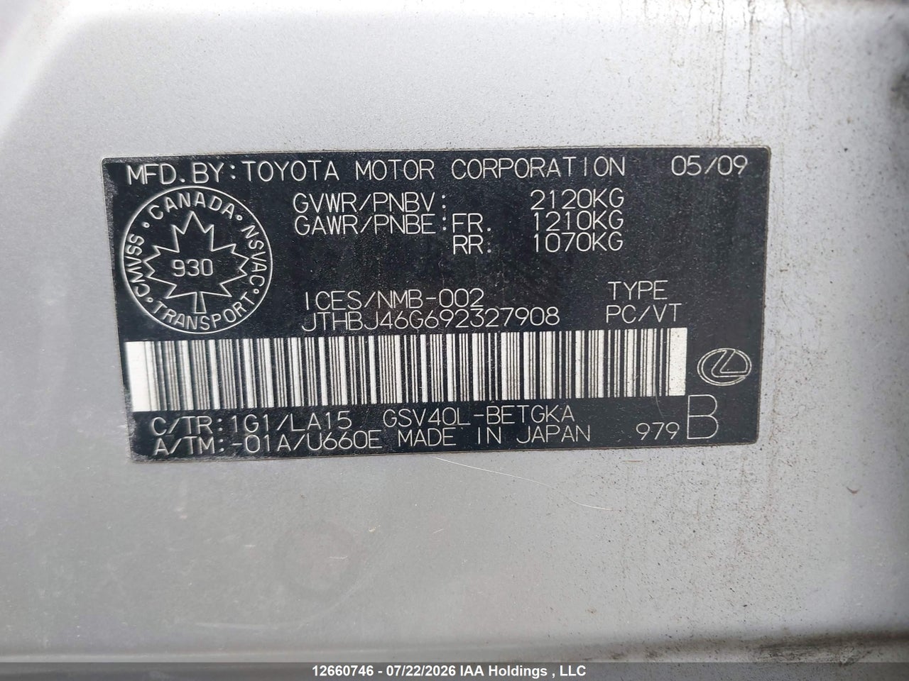 2009 LEXUS ES 350 thumbnail 10