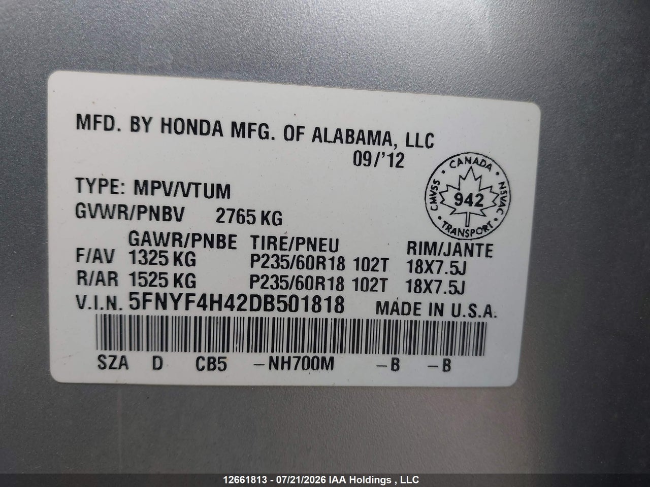 2013 HONDA PILOT EX thumbnail 10