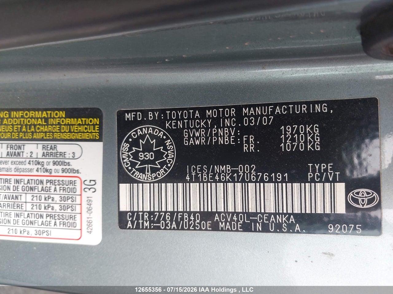 2007 TOYOTA CAMRY LE/SE thumbnail 10