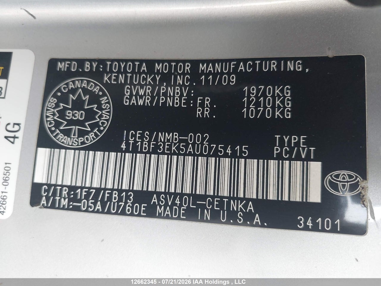 2010 TOYOTA CAMRY LE thumbnail 10